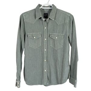 Gap Denim Western Shirt Pearl Snap Womens S Green Long Sleeve Button Up Cotton